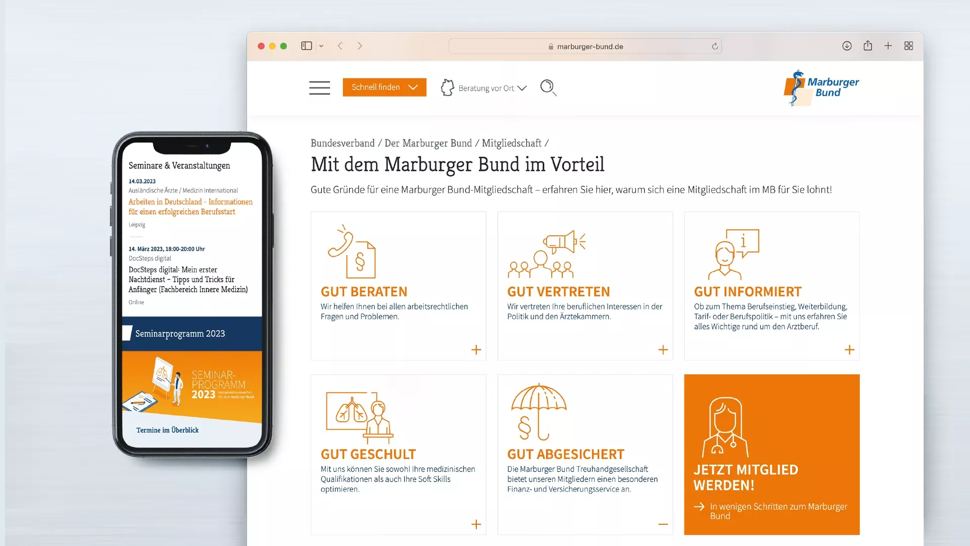Referenzen Marburger Bund Website | Ansicht im Browser & Iphone einer Unterseite