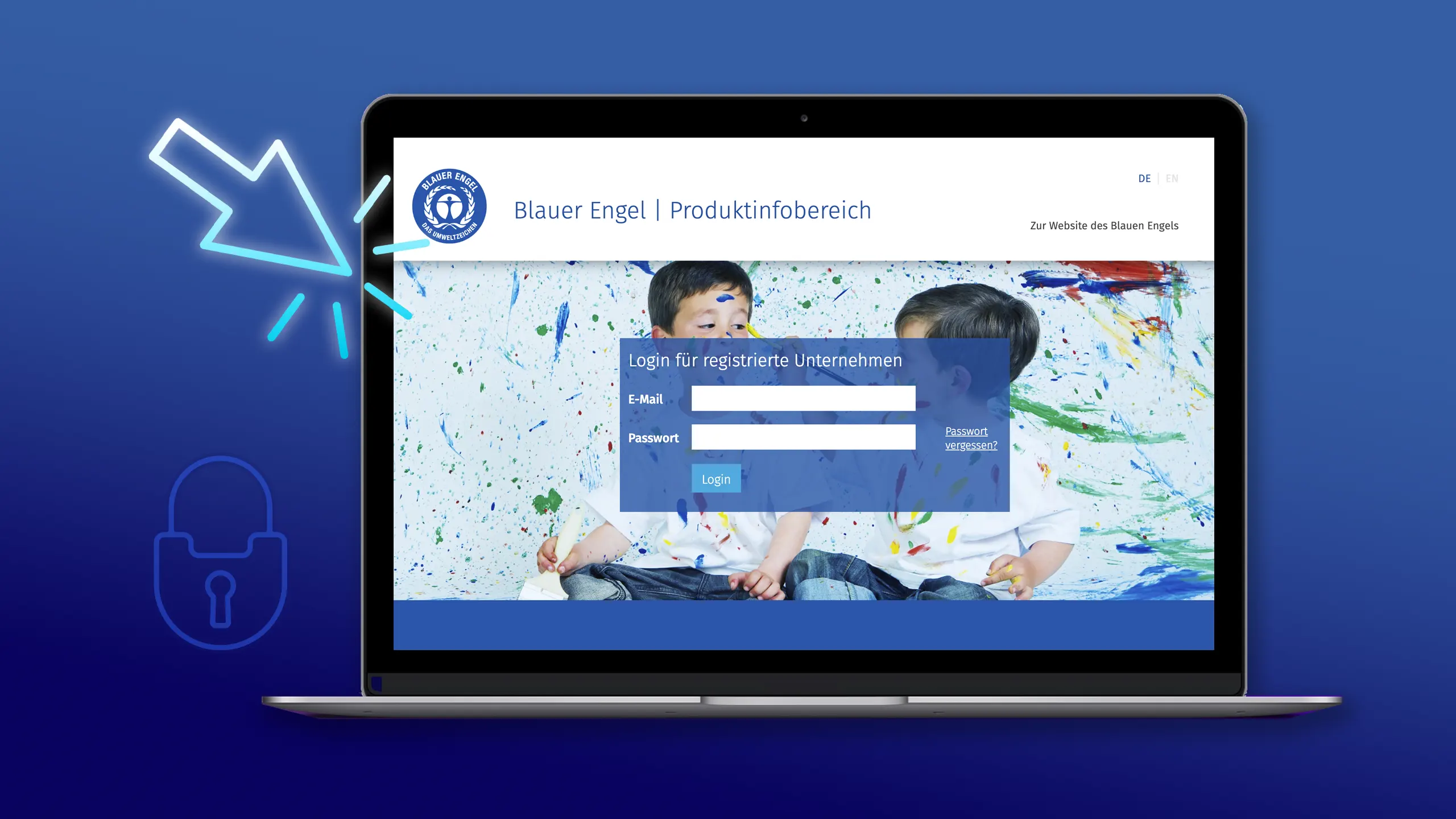 Screen mit Login zum Produktinfobereich des Blauen Engel | Schnittstellenentwicklung Screen mit Login zum Produktinfobereich des Blauen Engel | Schnittstellenentwicklung