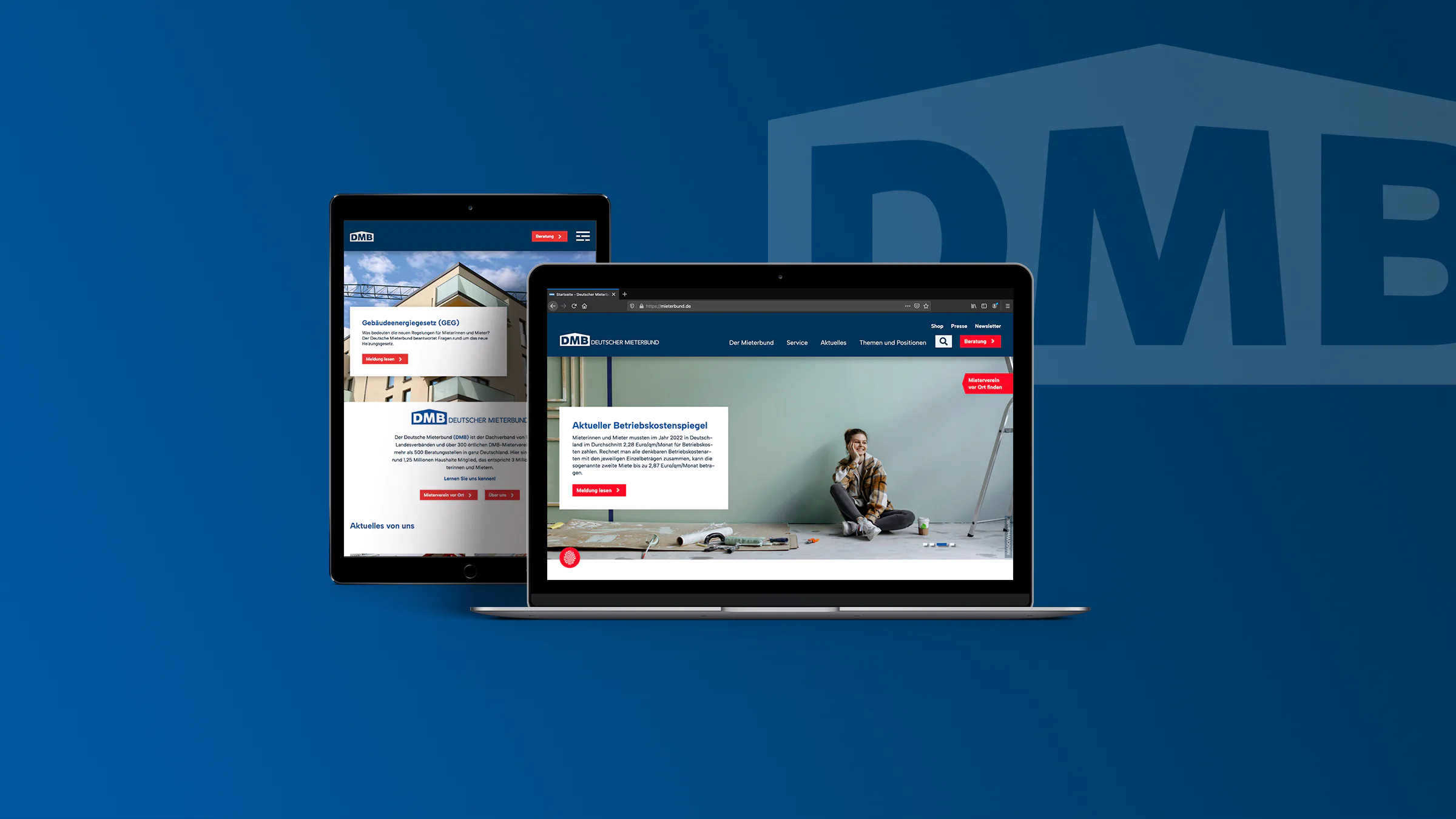 Ansicht der Website vom Deutscher Mieterbund auf Tablet und Laptop