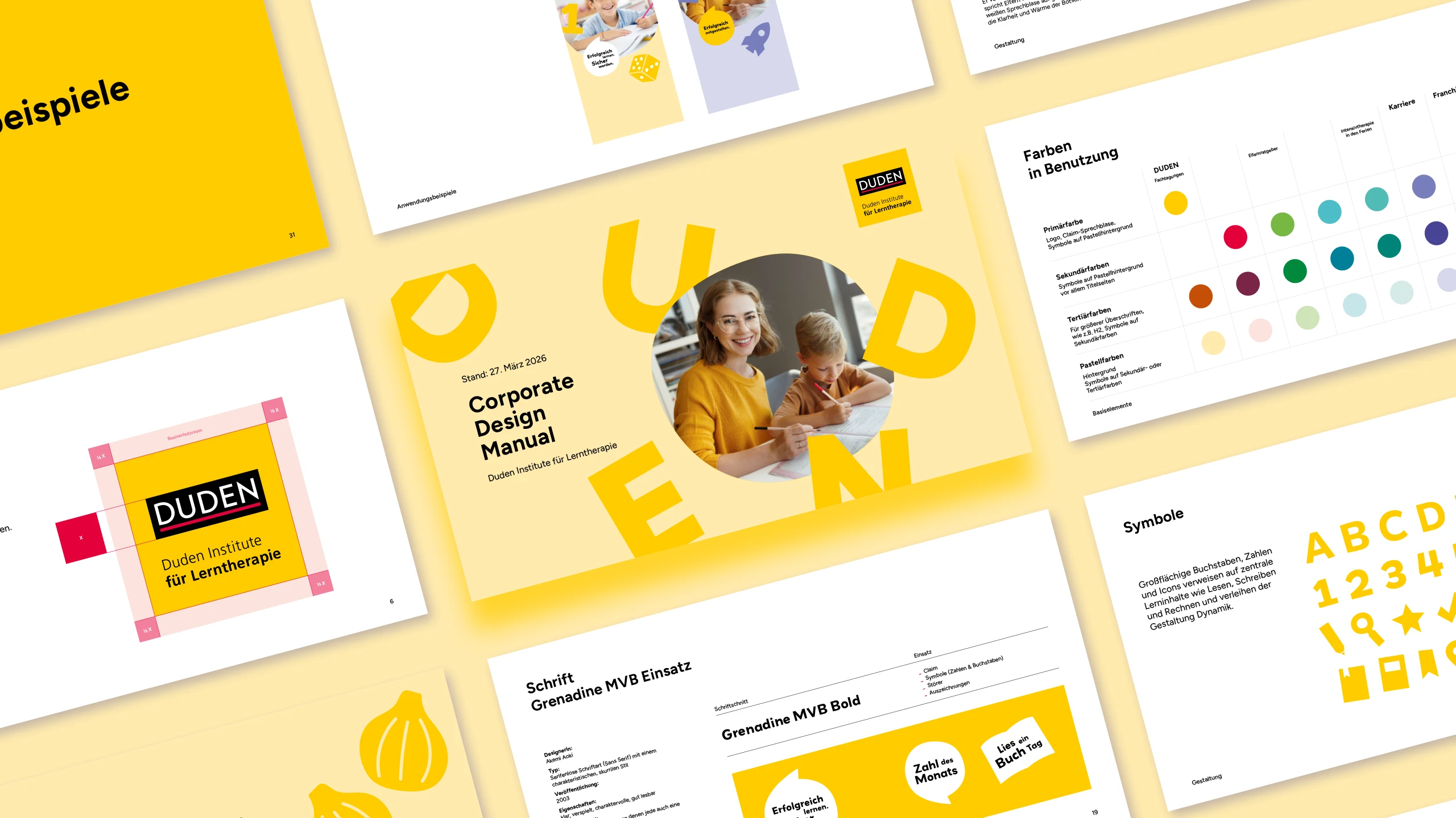 Mehrere Seiten aus dem Corporate Design Manual der Duden Institute für Lerntherapie mit Titelseite, Logo-Regeln, Farb- und Schriftvorgaben sowie Symbolen.