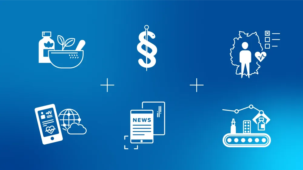 Icons für Pharma Deutschland zu den Themen Medikamente, Gesundheit, Recht und digitale Versorgung