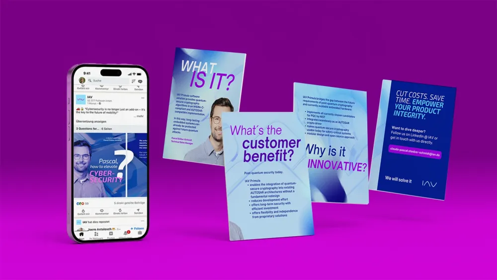 Ein Smartphone mit einem LinkedIn-Beitrag von IAV zum Thema Cybersecurity vor violettem Hintergrund, daneben die einzelnen Slides einer Carousel-Serie zur Software-Lösung IAV Primula mit den Fragen „What is it?", „What's the customer benefit?" und „Why is it innovative?".