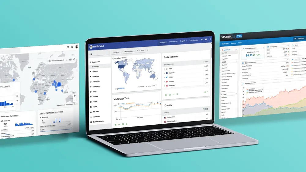 Ein Laptop mit dem Matomo-Analyse-Dashboard vor türkisem Hintergrund, flankiert von zwei weiteren Dashboard-Ansichten zur Website-Analyse und zum SEO-Controlling mit Sichtbarkeitsindex.