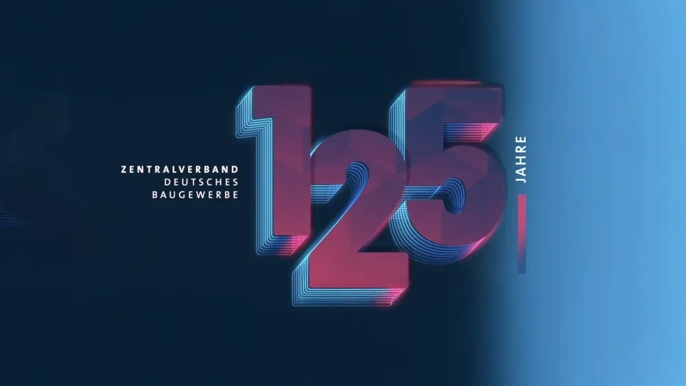 Jubiläumsgrafik „125 Jahre" des Zentralverbands Deutsches Baugewerbe: große dreidimensionale Zahl 125 in Rot-Blau-Verlauf mit Neonlinien auf dunkelblauem Hintergrund.