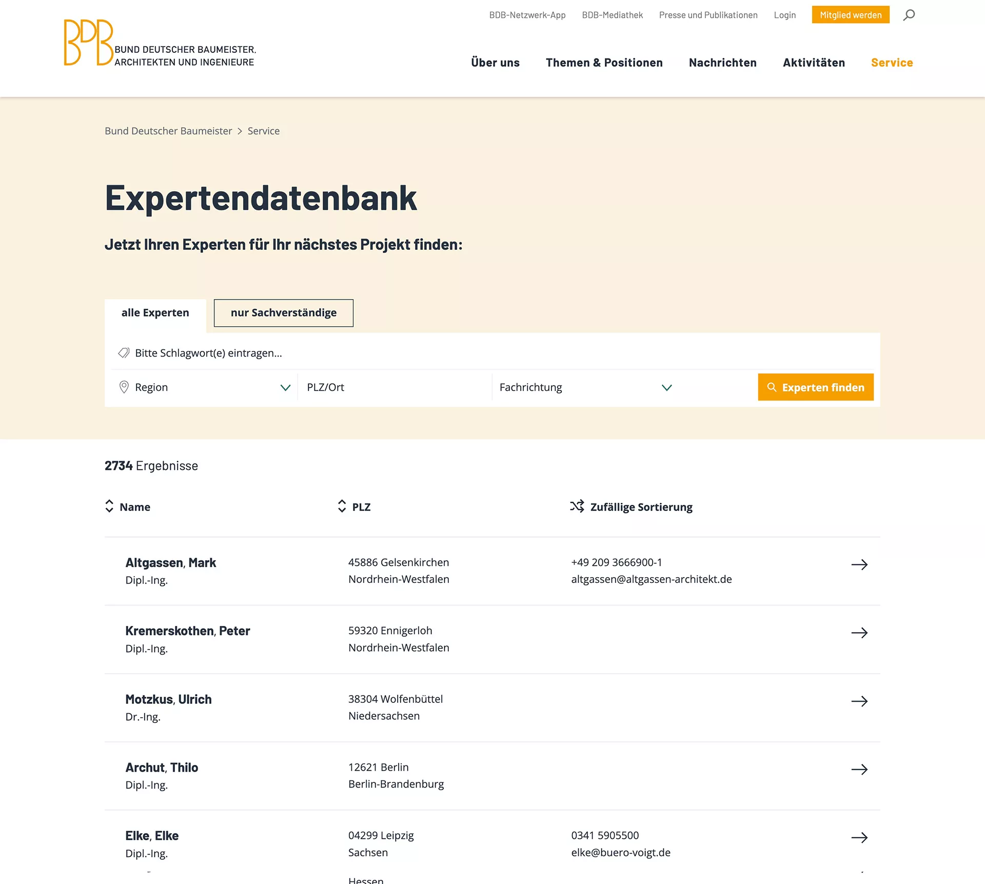 Website: Expertendantenbank mit Filter des BDB