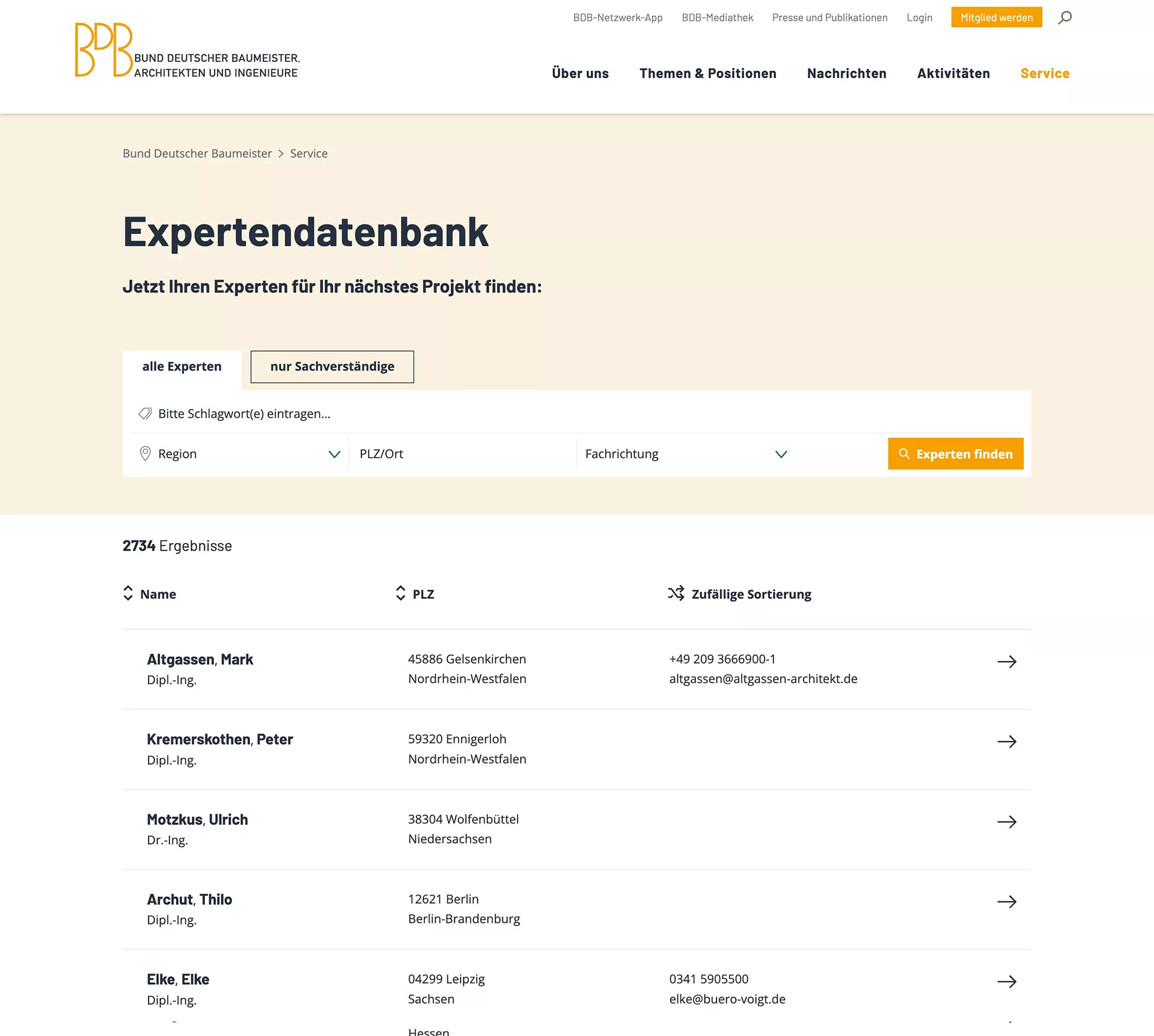 Bund deutscher Baumeister | Webdevelopment Website: Expertendantenbank mit Filter des BDB
