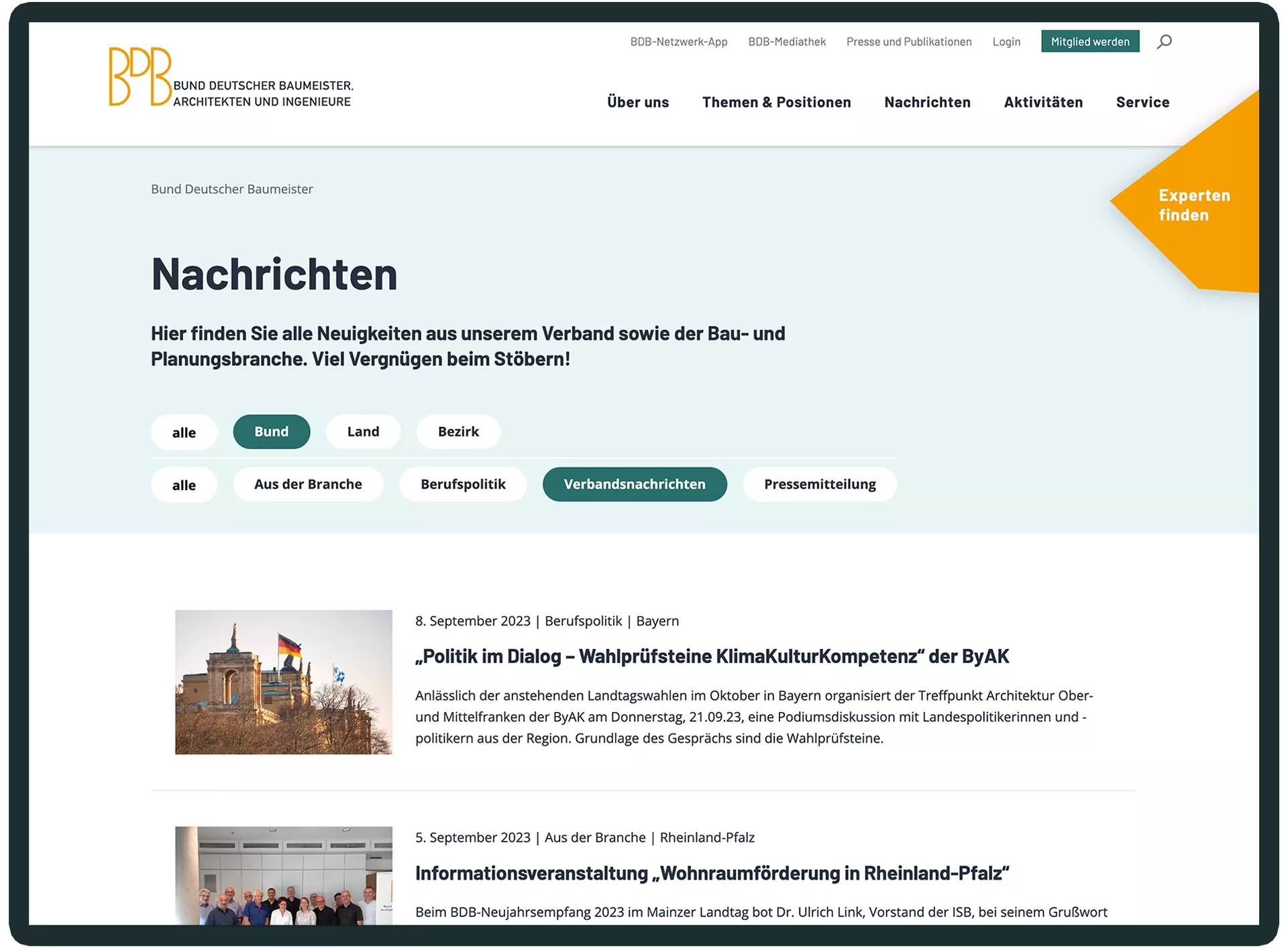 Bund deutscher Baumeister | Webdevelopment Ansicht Website Newsübersicht