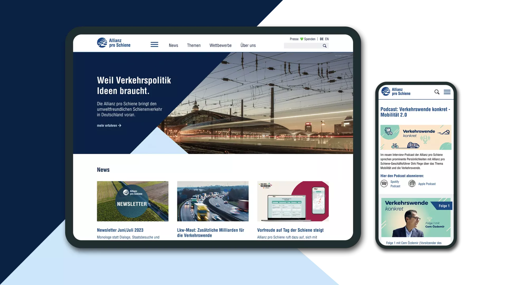 Ansicht eines Tablett & Iphone mit der Allianz pro Schiene Website