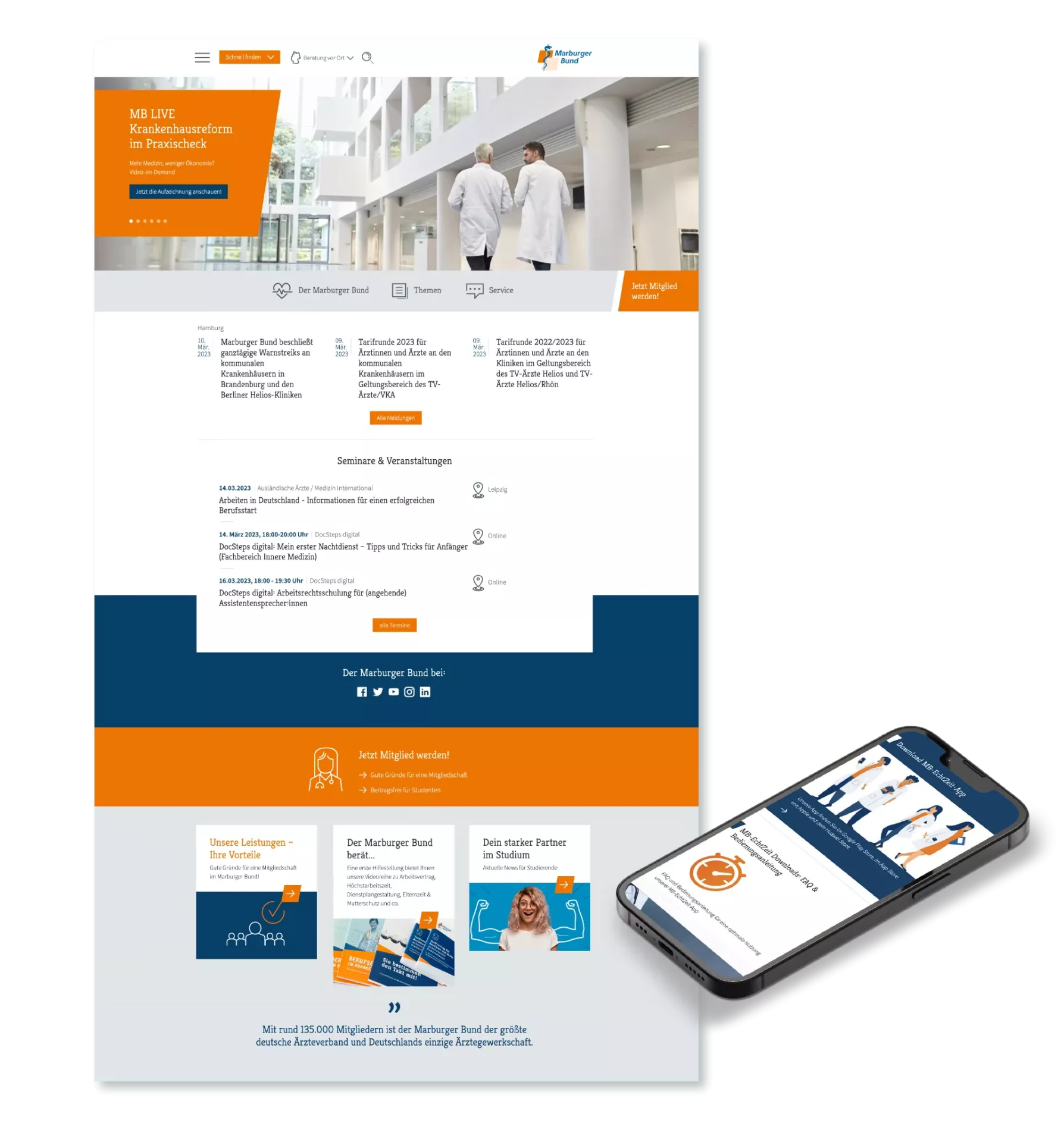 Referenzen Marburger Bund Website | Übersicht Startseite und auf einem Smartphone