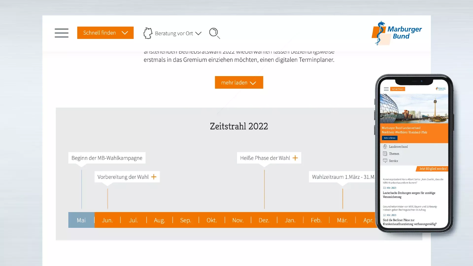 Referenzen Marburger Bund Website | Ansicht eines Zeitstrahls & Iphone