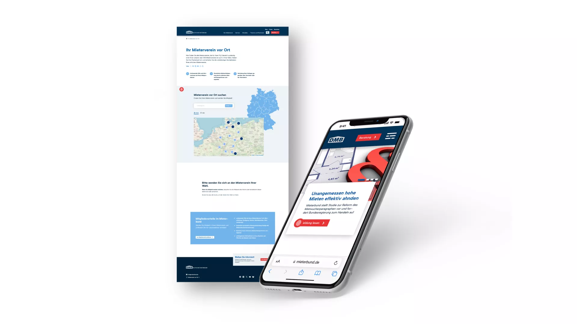 Ansicht der Website mit Karte & Ansicht auf dem Iphone