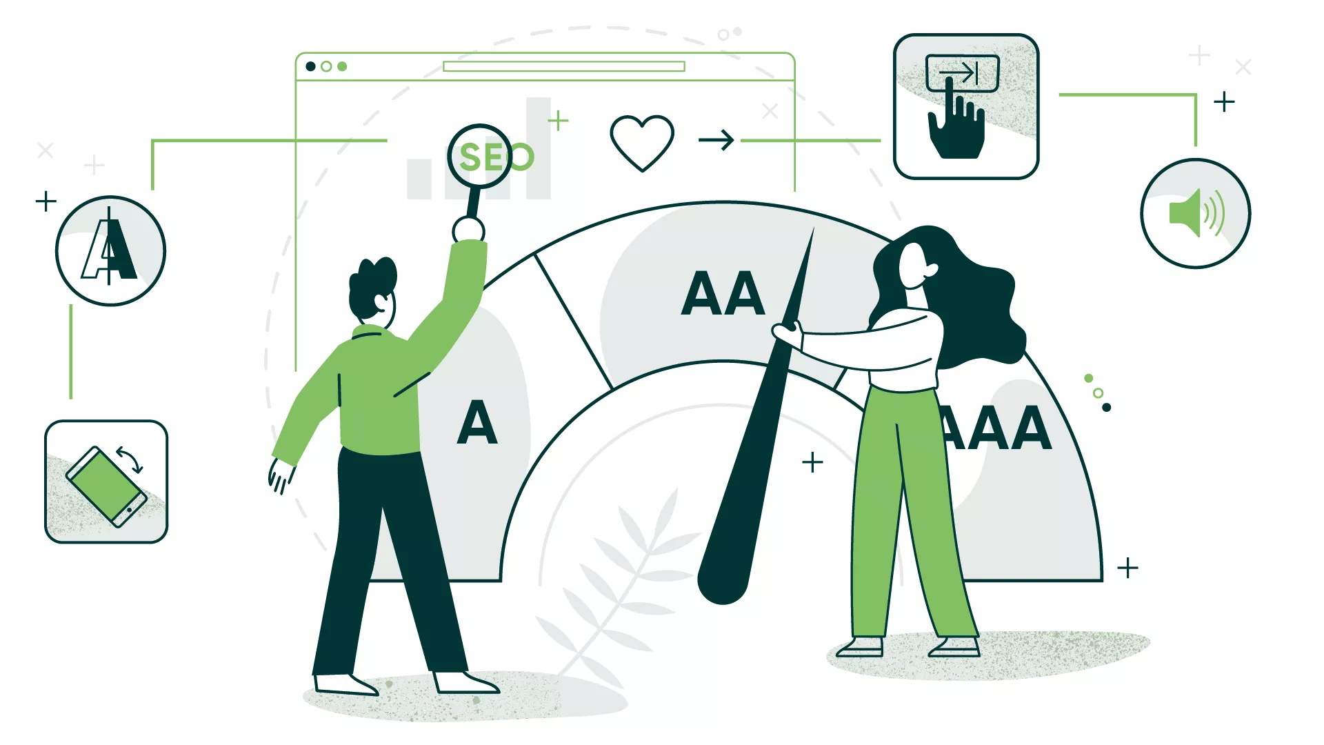 Stilisierte Illustration. Mann und eine Frau stehen an einem großen Zeiger einer Skala, die die Barrierefreiheitsstufen  „A“, „AA“ und „AAA“ darstellt.