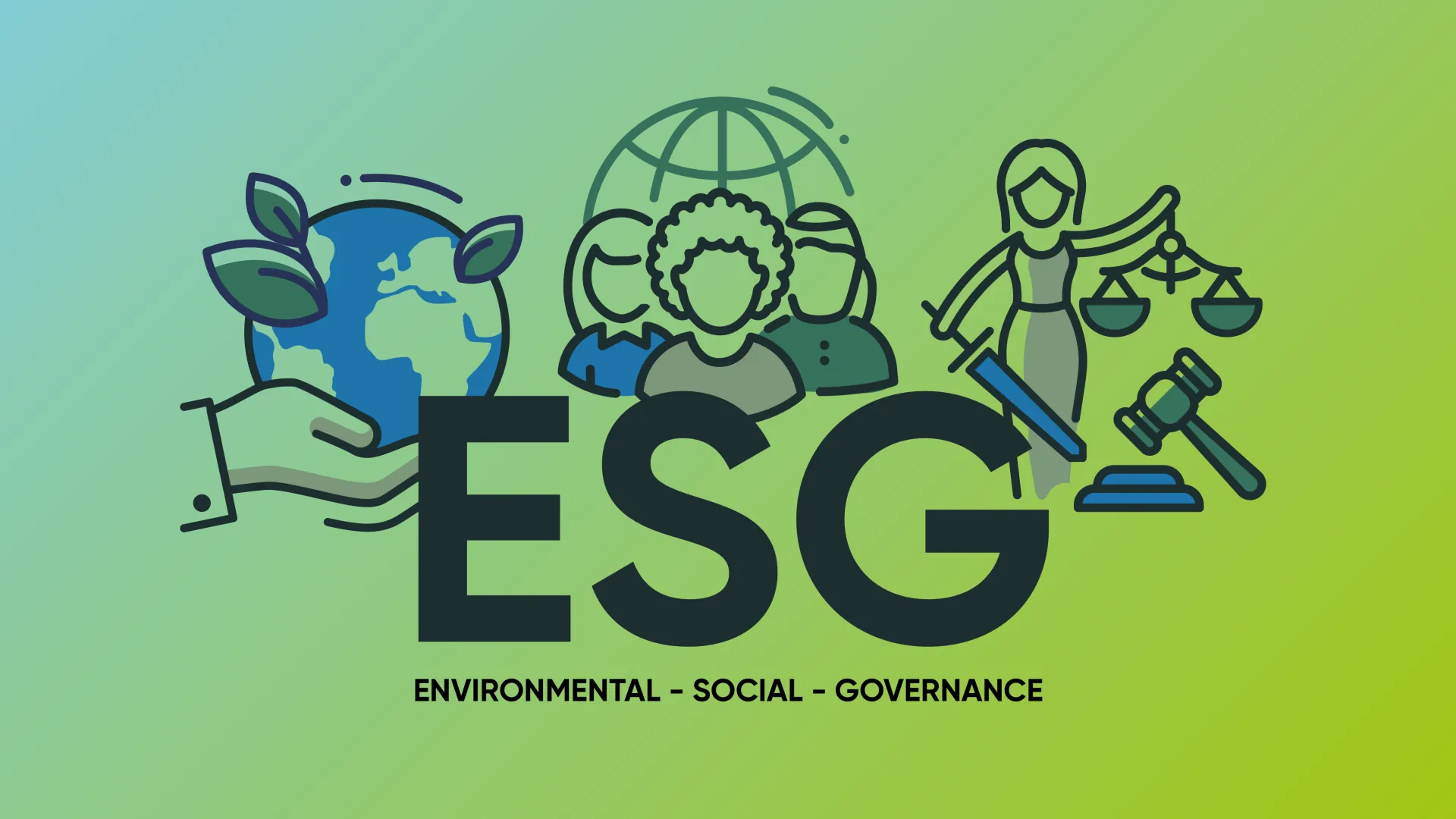 ESG-Grafik mit Icons: Hand hält Erde in der Hand, Personen und Frau mit  Schwert und Waage (Justitia)