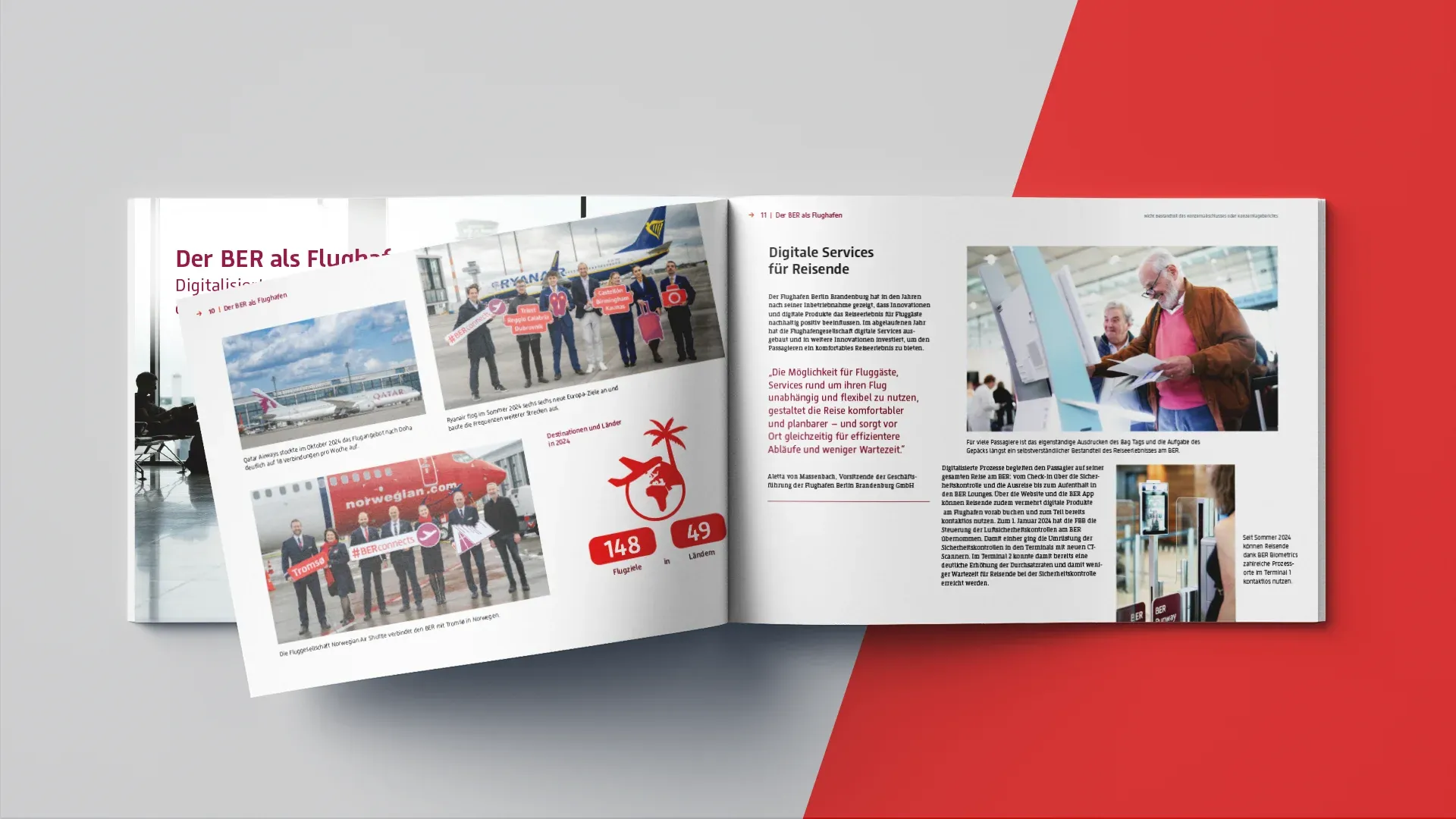 Aufgeschlagener Bericht im Querformat auf rot-grauen Hintergrund. Man sieht Bilder vom Fughafenpersonal und zum digitalen Services