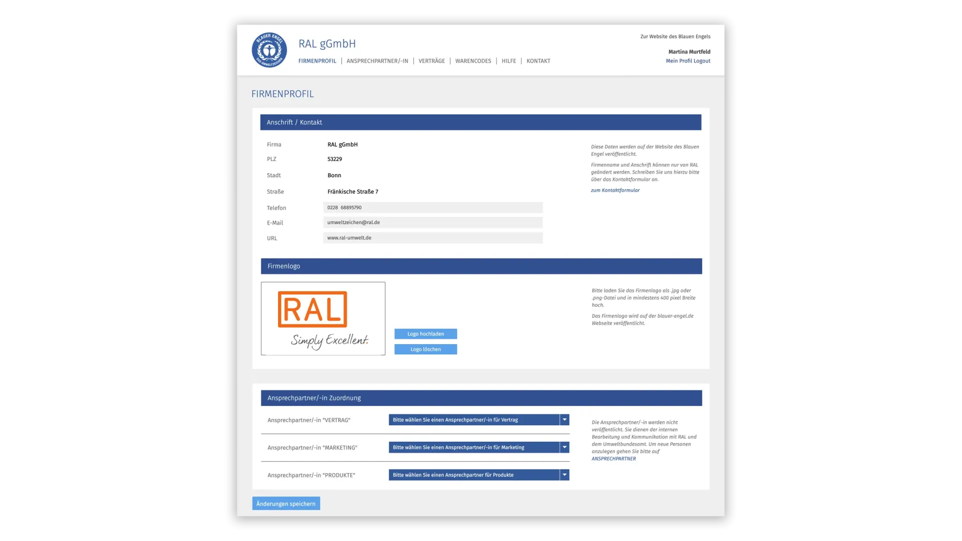 Screen Formular Firmenprofil Blauer Engel | Schnittstellenentwicklung Screen Formular Firmenprofil Blauer Engel | Schnittstellenentwicklung