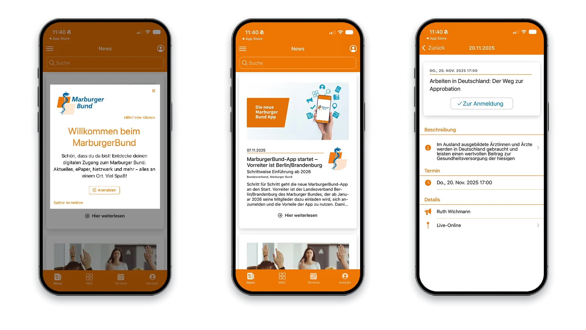 Ansicht der Marburger Bund App auf drei Smartphones