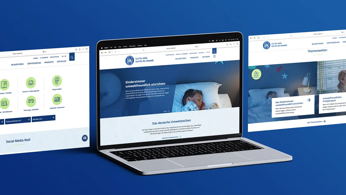 Ansicht der Drupal-Website Blauer Engel auf Laptop