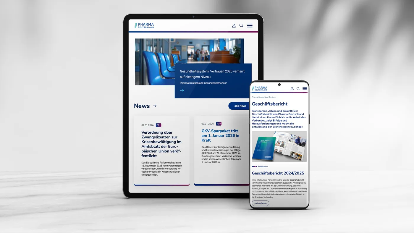 Ansicht Website von Pharma Deutschland auf Tablet und mobile Ausgabe