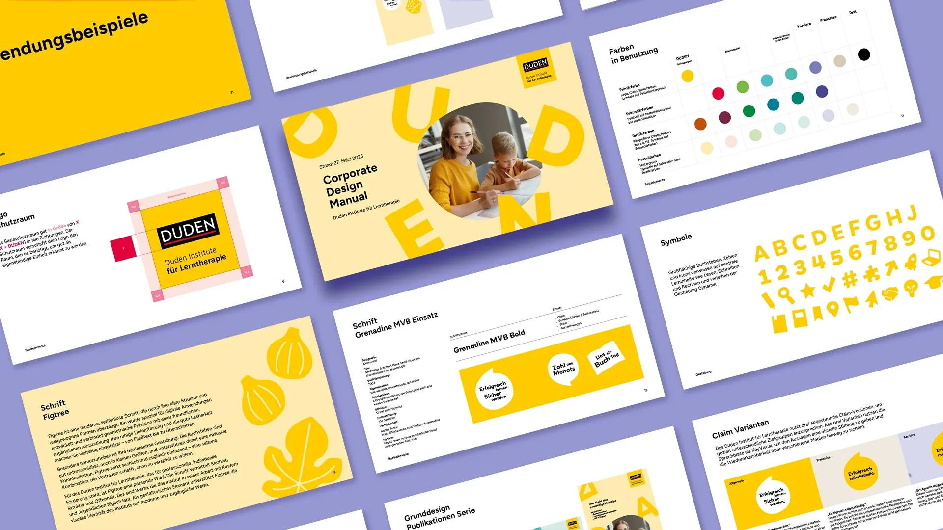 Mehrere Ansichten des Corporate Design des Duden Institute für Lerntherapie vor violettem Hintergrund, mit Titelseite, Farbpalette, Logo, Schriften und Symbolen im typischen gelben Erscheinungsbild.