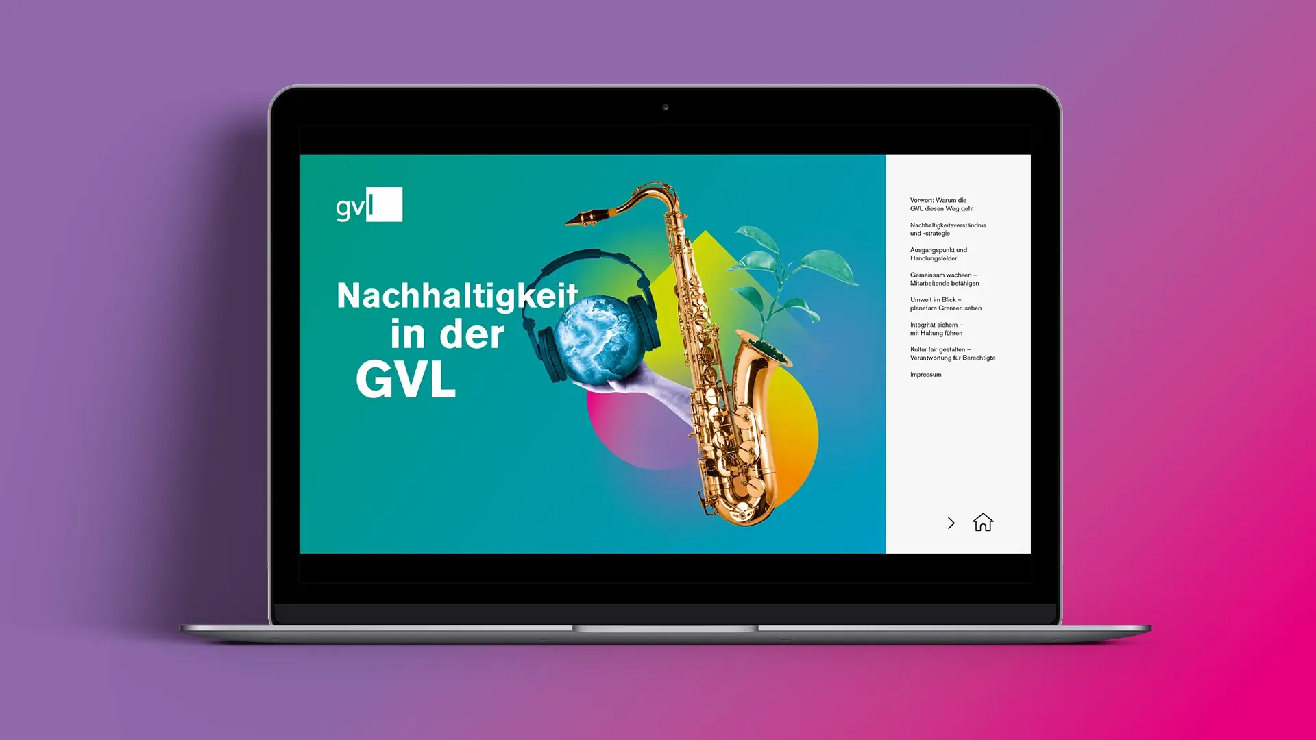 Startseite des digitalen GVL-Berichts „Nachhaltigkeit in der GVL": Collage aus Saxophon, Kopfhörern, Erdkugel und Pflanze neben einem Inhaltsverzeichnis der Kapitel.