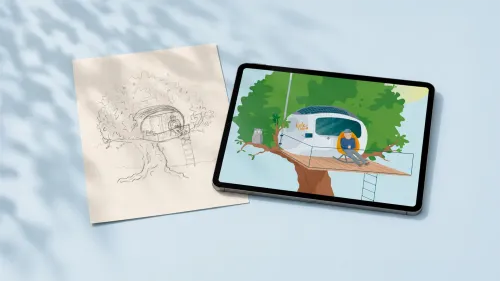 Leitbild-Illustration für Projekt3 – Baumhaus-Bleistiftentwurf neben fertiger Farbillustration