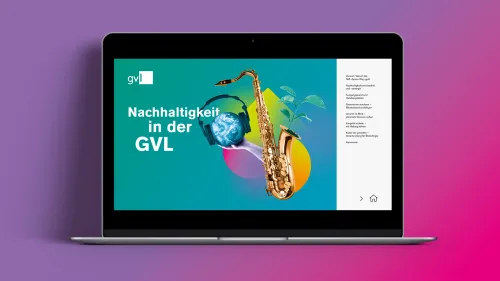 Startseite des digitalen GVL-Berichts „Nachhaltigkeit in der GVL": Collage aus Saxophon, Kopfhörern, Erdkugel und Pflanze neben einem Inhaltsverzeichnis der Kapitel.