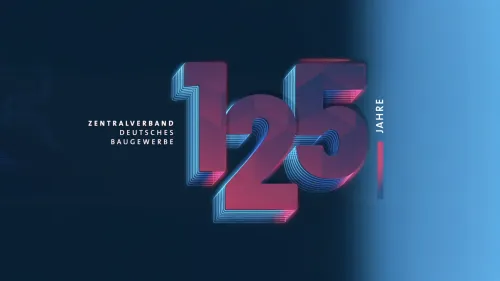 Jubiläumsgrafik „125 Jahre" des Zentralverbands Deutsches Baugewerbe: große dreidimensionale Zahl 125 in Rot-Blau-Verlauf mit Neonlinien auf dunkelblauem Hintergrund.